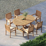 Teak 4cm Top Round To Oval 120-170cm Extending Table with 6 Henley Stacking Chairs, Free Cushions