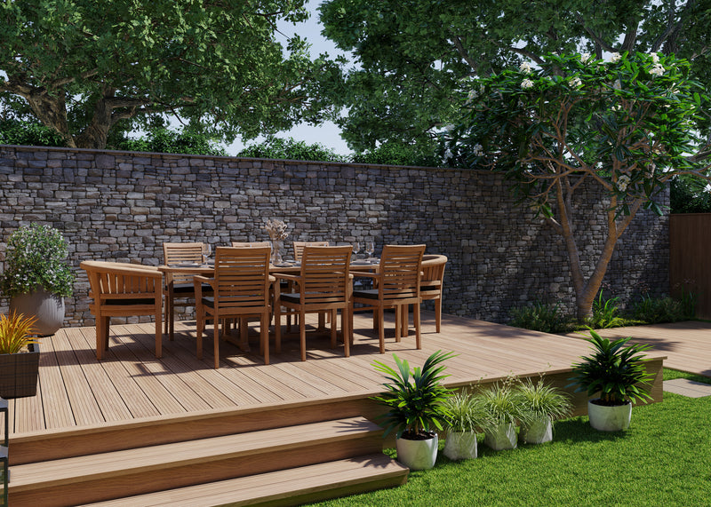 Teak Garden Furniture 180-240cm Extending Table 4cm Top (6 Stacking Chairs 2 San Francisco Chairs) Cushions included.
