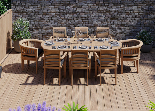 Teak 180cm to 240cm Oval Extending Table with 6 Oxford Stacking Chairs & 2 San Francisco Chairs
