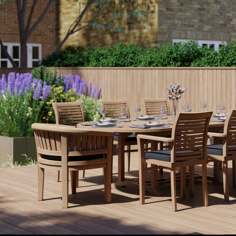 Teak 180cm to 240cm Oval Extending Table with 6 Oxford Stacking Chairs & 2 San Francisco Chairs