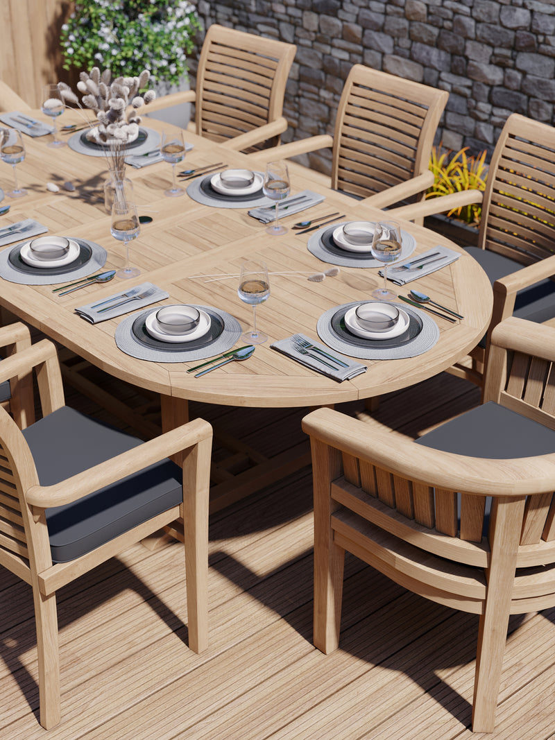 Teak 180cm to 240cm Oval Extending Table with 6 Oxford Stacking Chairs & 2 San Francisco Chairs