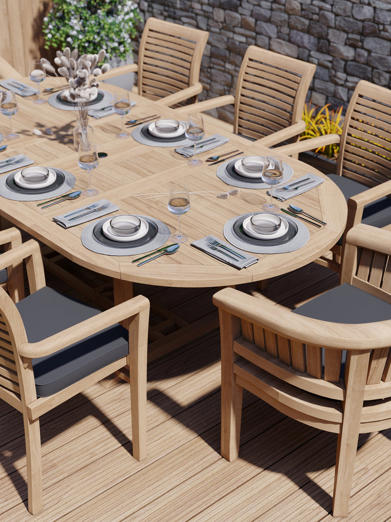 Teak 180-240cm Oval Extending Table 4cm Top (6 Oxford Stacking Chairs 2 San Francisco Chairs) Cushions included.