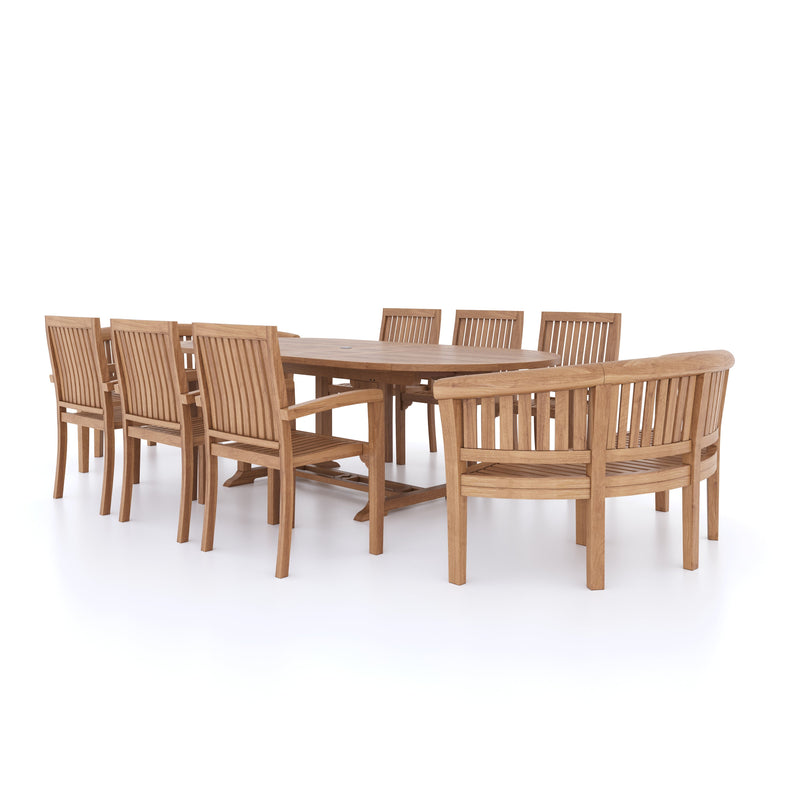 Teak 2-3m Oval Extending Table 4cm Top (6 Henley Stacking Chairs 2 San Francisco Benches) Cushions included.