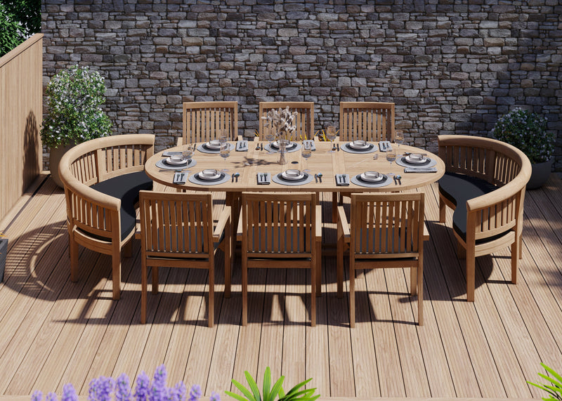 Teak Garden Furniture2-3m Extending Table 4cm Top (6 Henley Stacking Chairs 2 San Francisco Benches) Cushions included.