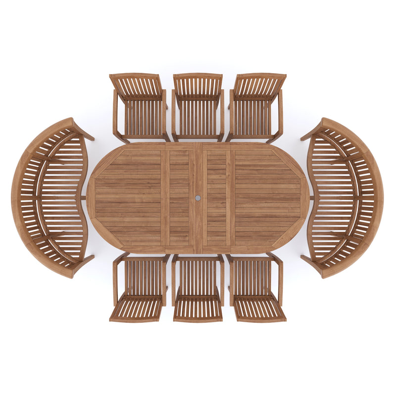 Teak 2-3m Oval Extending Table 4cm Top (6 Henley Stacking Chairs 2 San Francisco Benches) Cushions included.