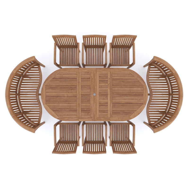 Teak Garden Furniture2-3m Extending Table 4cm Top (6 Henley Stacking Chairs 2 San Francisco Benches) Cushions included.