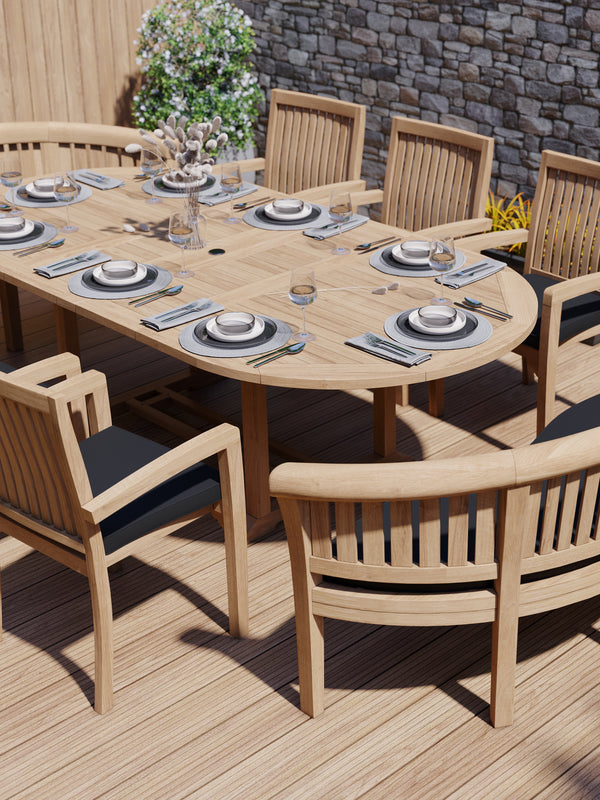 Teak 180-240cm Oval Extending Table 4cm Top (6 Henley Stacking Chairs 2 San Francisco Benches) Cushions included.