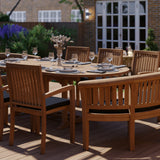 Teak 2-3m Oval Extending Table 4cm Top (6 Henley Stacking Chairs 2 San Francisco Benches) Cushions included.