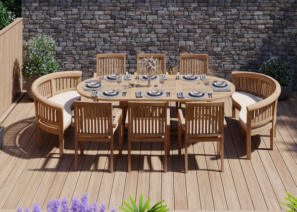 Teak 180-240cm Oval Extending Table 4cm Top (6 Henley Stacking Chairs 2 San Francisco Benches) Cushions included.