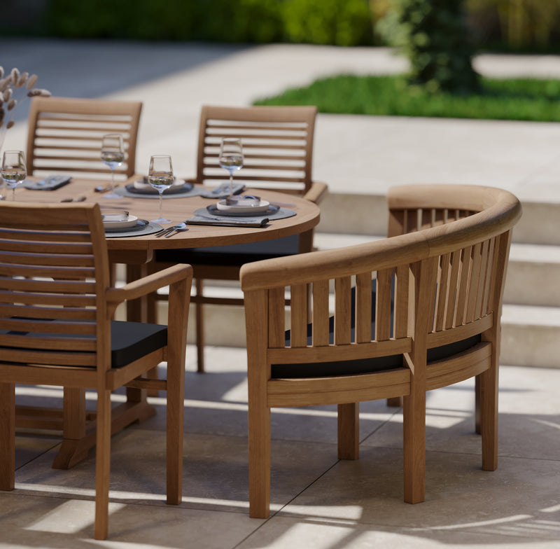 Teak Garden Furniture 2-3m Extending Table 4cm Top (6 Stacking Chairs 2 San Francisco Benches) Cushions included.