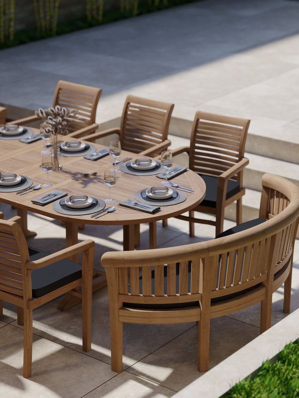 Teak Garden Furniture 2-3m Extending Table 4cm Top (6 Stacking Chairs 2 San Francisco Benches) Cushions included.