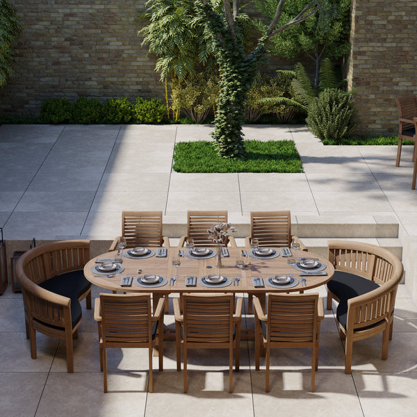 Teak Garden Furniture 2-3m Extending Table 4cm Top (6 Stacking Chairs 2 San Francisco Benches) Cushions included.