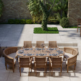 Teak Garden Furniture 180-240cm Extending Table 4cm Top (6 Stacking Chairs 2 San Francisco Benches) Cushions included.