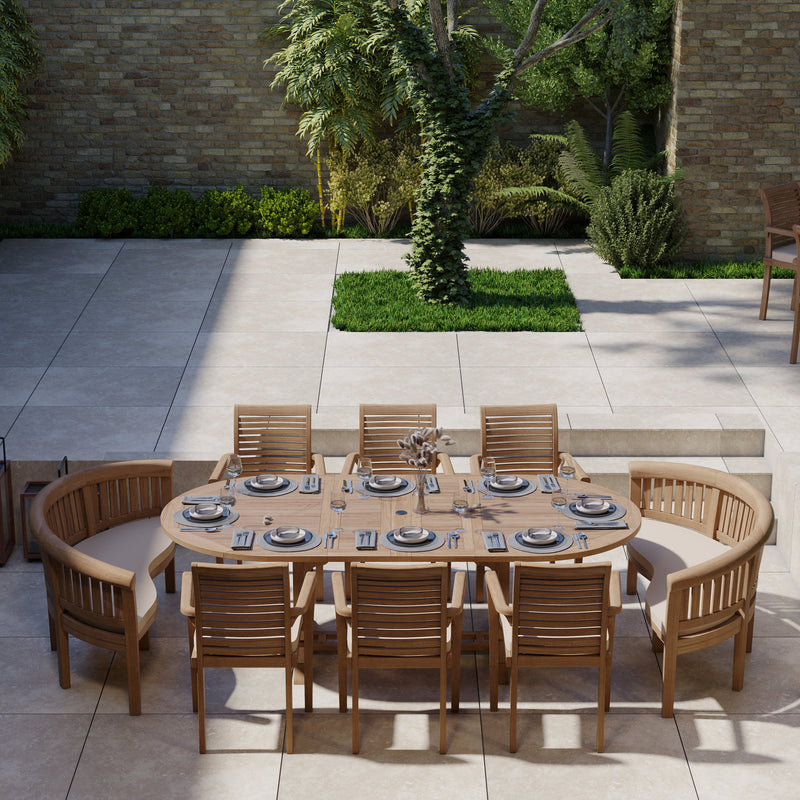 Teak Garden Furniture 2-3m Extending Table 4cm Top (6 Stacking Chairs 2 San Francisco Benches) Cushions included.