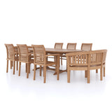 Teak Garden Furniture 180-240cm Extending Table 4cm Top (6 Stacking Chairs 2 San Francisco Benches) Cushions included.