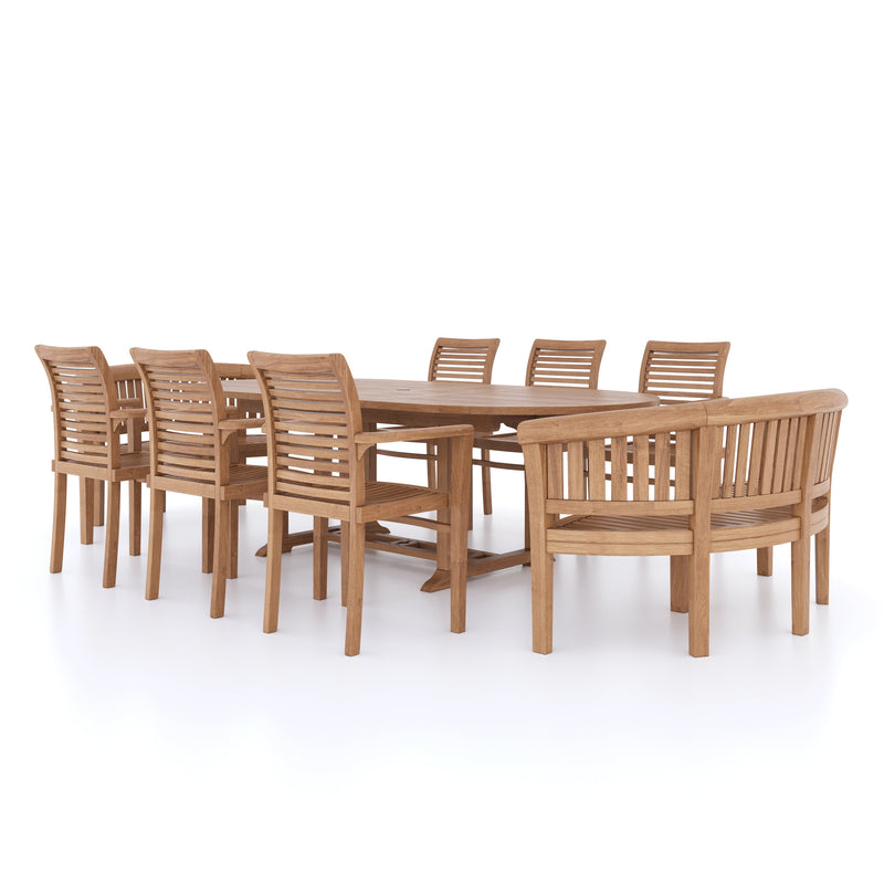 Teak Garden Furniture 2-3m Extending Table 4cm Top (6 Stacking Chairs 2 San Francisco Benches) Cushions included.