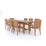 Teak Garden Furniture Rectangle 180-240cm Extending Table 4cm Top (8 Henley Stacking Chairs) Cushions included.