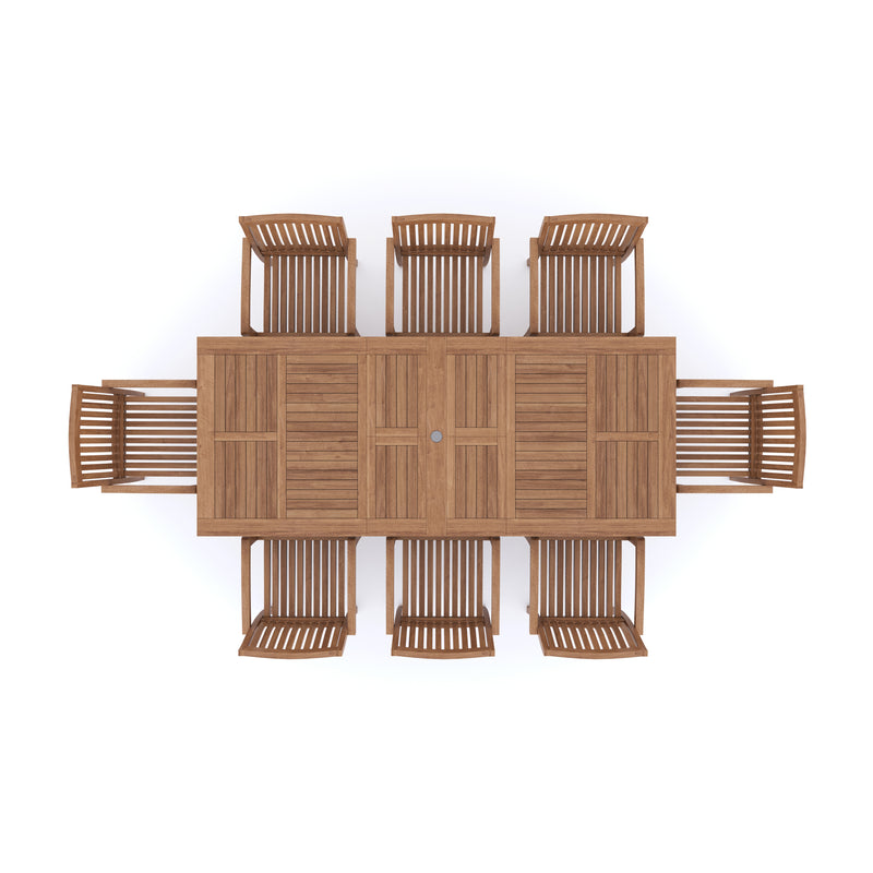 Teak Garden Furniture Rectangle 180-240cm Extending Table 4cm Top (8 Henley Stacking Chairs) Cushions included.