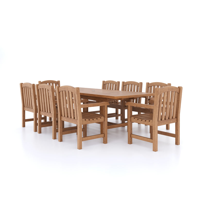 Teak Garden Furniture 180-240cm Rectangle Extending Table 4cm Top (with 8 Warwick Chairs) Cushions included.