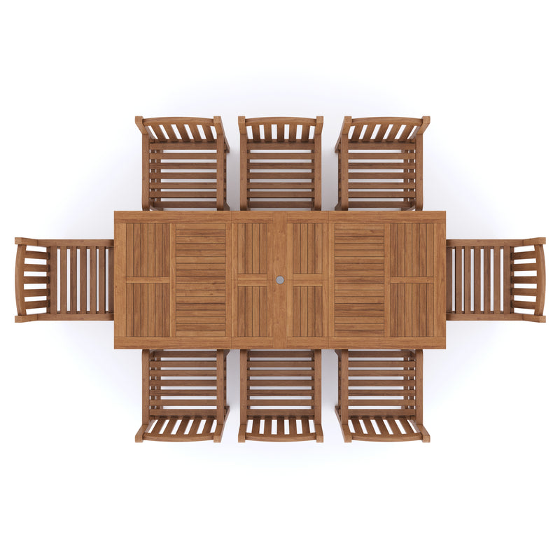 Teak Garden Furniture 180-240cm Rectangle Extending Table 4cm Top (with 8 Warwick Chairs) Cushions included.