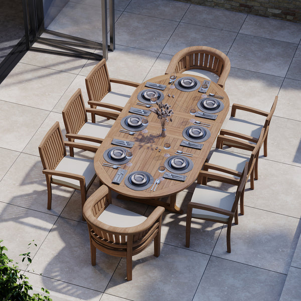 Teak 180-240cm Oval Extending Table 4cm Top (6 Henley Stacking Chairs 2 San Francisco Chairs) Cushions included.
