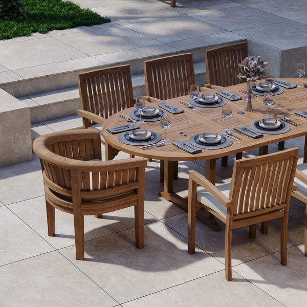 Teak 180-240cm Oval Extending Table 4cm Top (6 Henley Stacking Chairs 2 San Francisco Chairs) Cushions included.