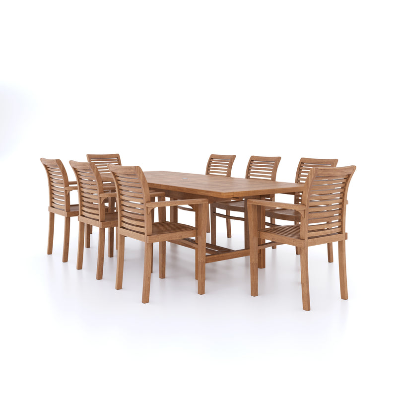Teak Garden Furniture Rectangle 180-240cm Extending Table 4cm Top (8 Stacking Chairs) Cushions included.