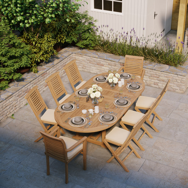 Teak 180cm to 240cm Oval Extending Table with 6 Hampton Chairs & 2 Oxford Stacking Chairs