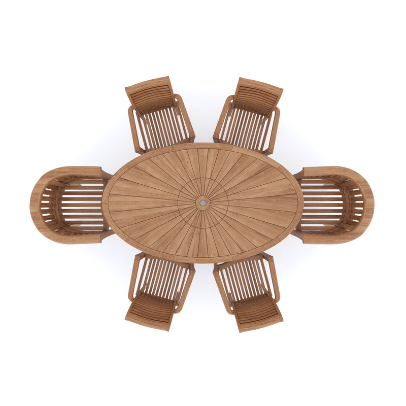 Teak Garden Furniture Set 2m Sunshine Oval table 4cm Top (with 4 Stacking Chairs, 2 San Francisco Chairs) Cushions included.