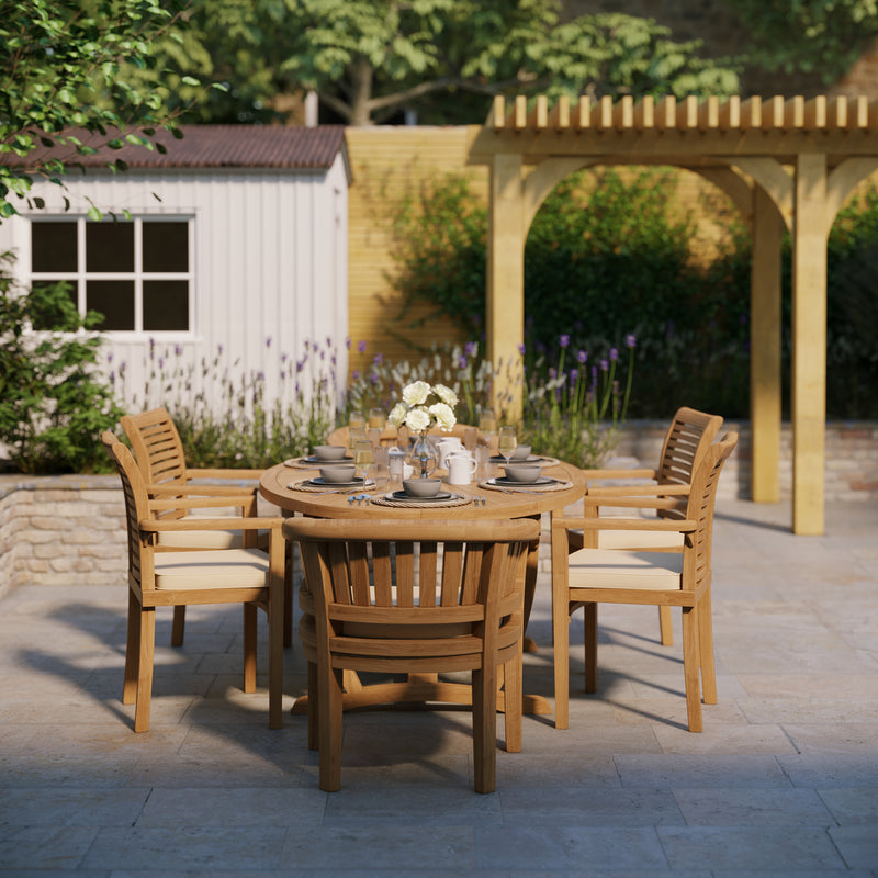 Teak Set 2m Sunshine Oval table 4cm Top (with 4 Oxford Stacking Chairs, 2 San Francisco Chairs) Cushions included.