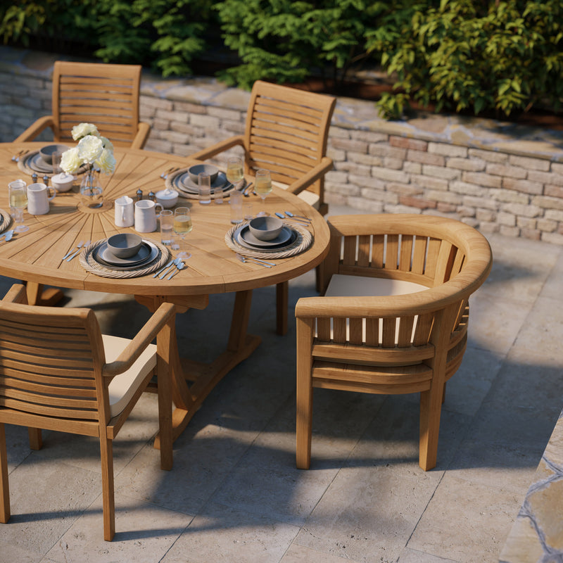 7-Day Delivery - Teak Garden Furniture Set 2m Sunshine Oval table 4cm Top (with 4 Stacking Chairs, 2 San Francisco Chairs) Cushions included.