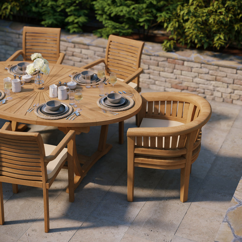 Teak Set 2m Sunshine Oval table 4cm Top (with 4 Oxford Stacking Chairs, 2 San Francisco Chairs) Cushions included.