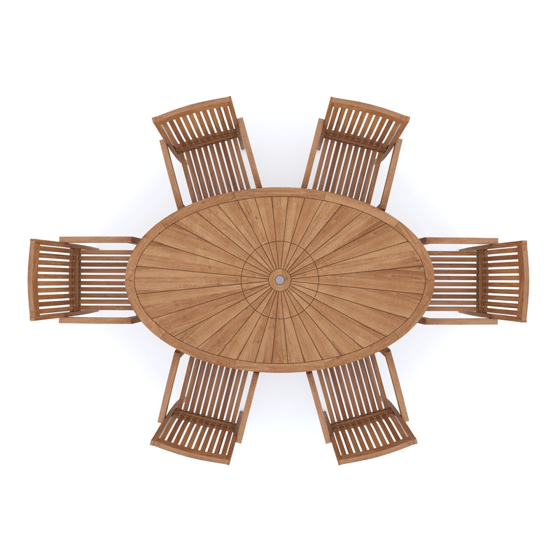 7-Day Delivery - Teak Garden Furniture Set 2m Sunshine table 4cm Top (with 6 Henley Stacking Chairs) Cushions included.