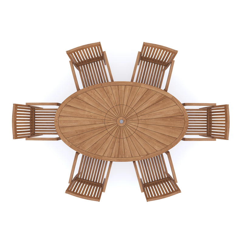 Teak Set 2m Sunshine table 4cm Top (with 6 Henley Stacking Chairs) Cushions included.