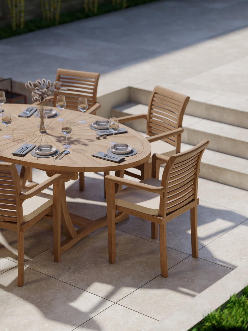 Teak Set 2m Sunshine table 4cm Top (with 6 Oxford Stacking Chairs) Cushions included.