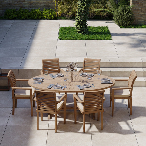 7-Day Delivery - Teak Garden Furniture Set 2m Sunshine table 4cm Top (with 6 Stacking Chairs) Cushions included.