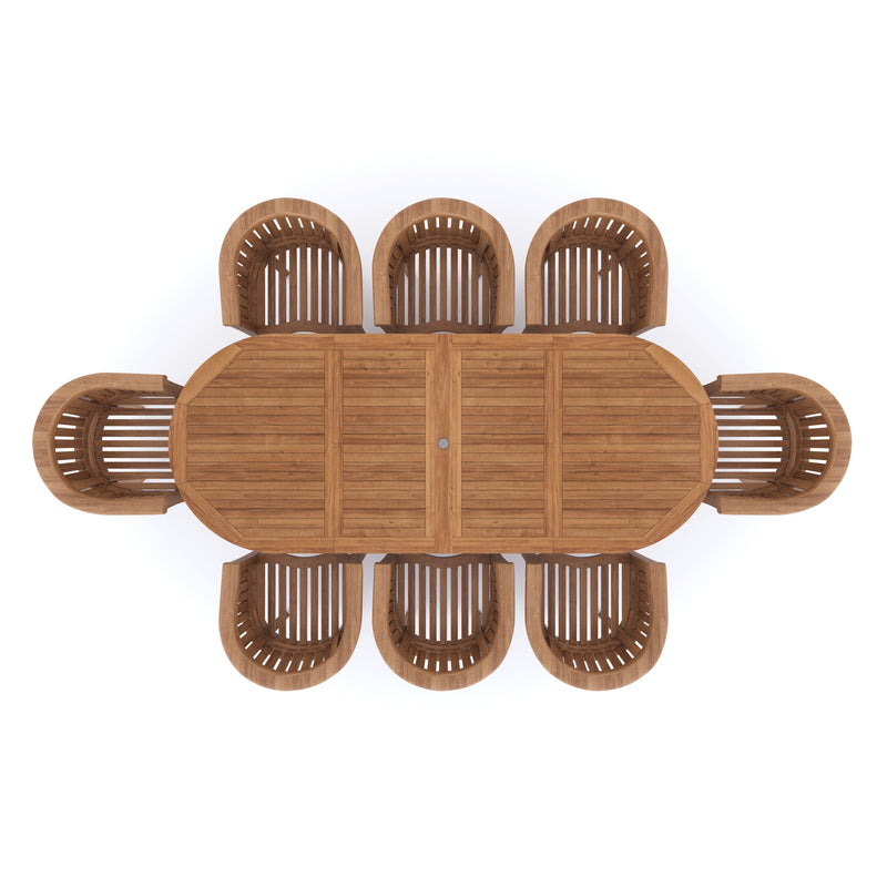 Teak Set Oval 2-3m Extending Table 4cm Top (8 San Francisco Chairs) Cushions included.