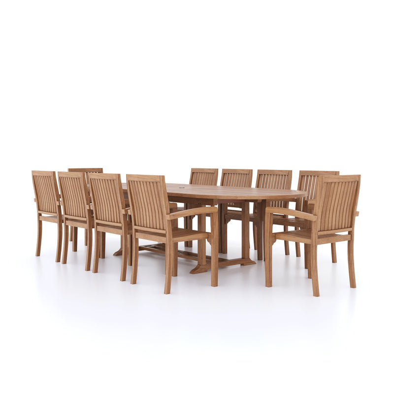 Clearance Teak Garden Furniture 2-3m Oval Extending Table 4cm Top (10 Henley Stacking Chairs) Cushions included.