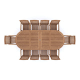 Clearance Teak Garden Furniture 2-3m Oval Extending Table 4cm Top (10 Henley Stacking Chairs) Cushions included.
