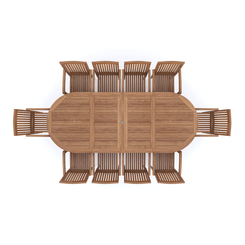 Clearance Teak Garden Furniture 2-3m Oval Extending Table 4cm Top (10 Henley Stacking Chairs) Cushions included.