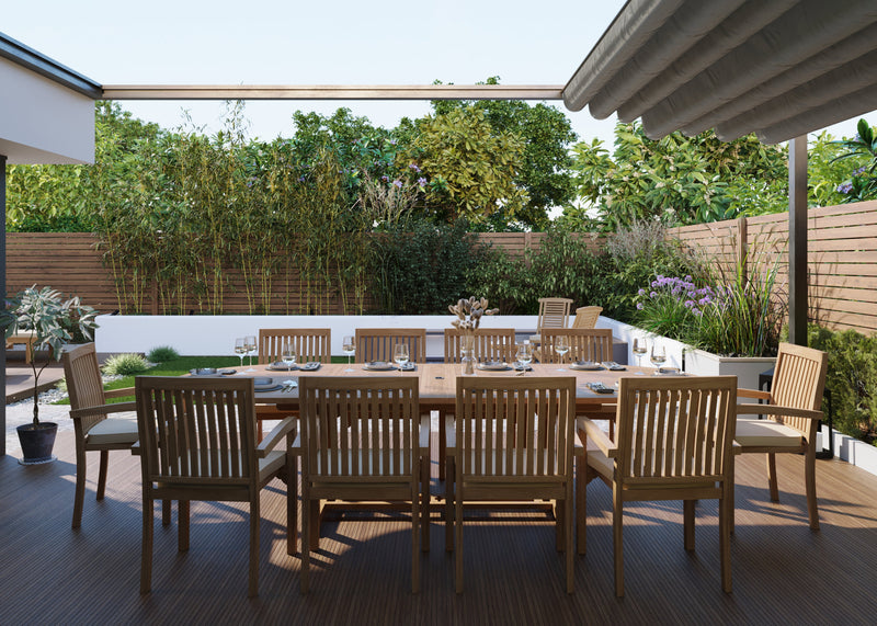 Clearance Teak Garden Furniture 2-3m Oval Extending Table 4cm Top (10 Henley Stacking Chairs) Cushions included.