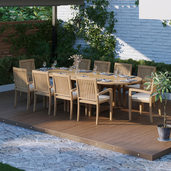 Teak 2m-3m Oval Extending Table with 10 Henley Stacking Chairs