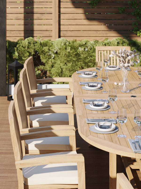 Clearance Teak Garden Furniture 2-3m Oval Extending Table 4cm Top (10 Henley Stacking Chairs) Cushions included.