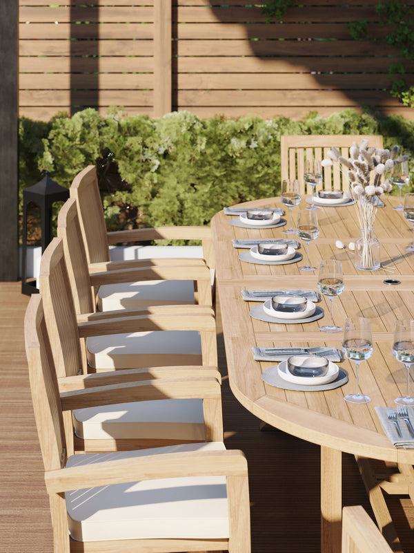 Teak 2m-3m Oval Extending Table with 10 Henley Stacking Chairs