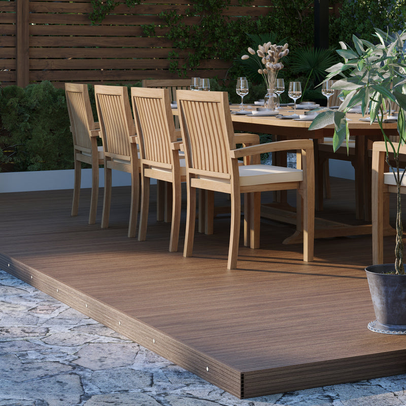 Clearance Teak Garden Furniture 2-3m Oval Extending Table 4cm Top (10 Henley Stacking Chairs) Cushions included.