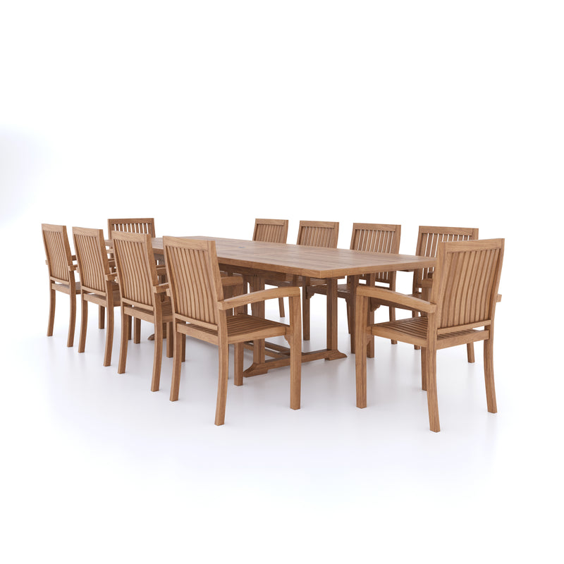 Teak Garden Furniture Set 200-300cm Rectangle Extending Table 4cm Top (10 Henley Stacking Chairs) Cushions included.