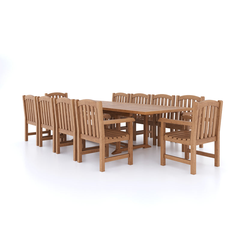 Teak Garden Furniture 2-3m Rectangle Extending Table 4cm Top (10 Warwick Chairs) Cushions included.