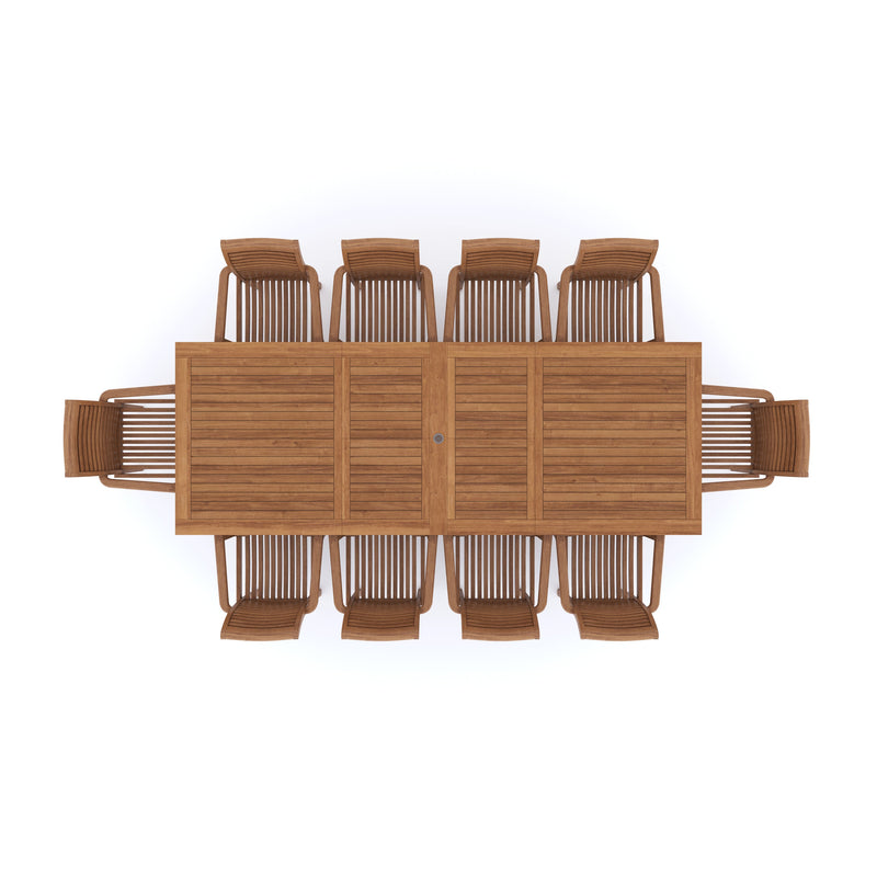 Teak Set 200-300cm Rectangle Extending Table 4cm Top (10 Oxford Stacking Chairs) Cushions included.