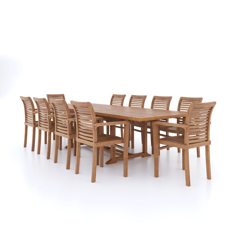7-Day Delivery - Teak Garden Furniture Set 200-300cm Rectangle Extending Table 4cm Top (10 Stacking Chairs) Cushions included.