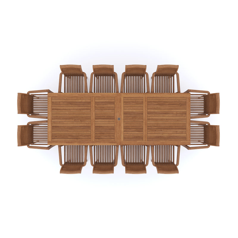 Giant Teak Set 2-3m Rectangle Extending Table 12 Oxford Stacking Chairs
